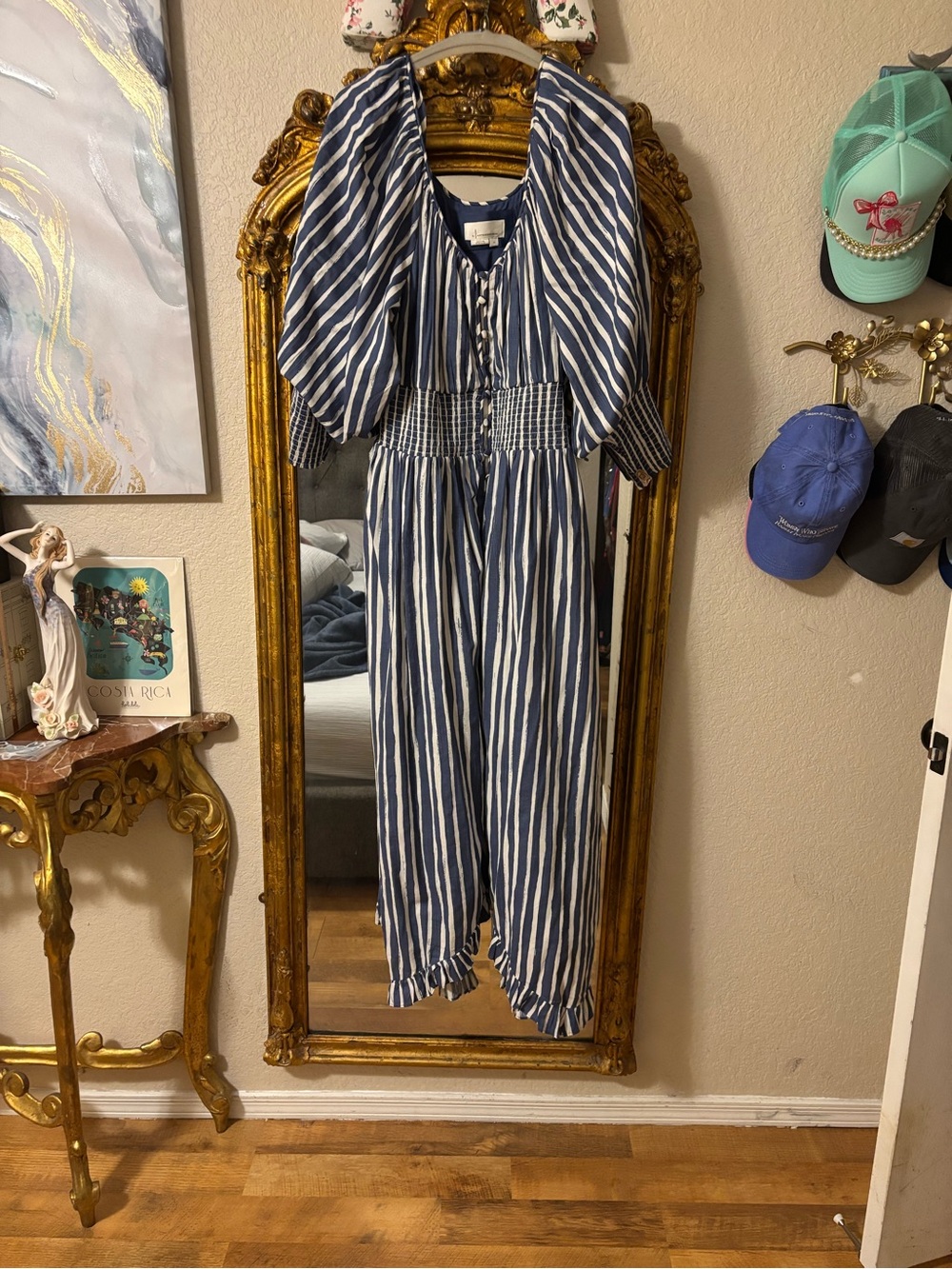 Anthropologie Navy and White Striped Puff-Sleeve Midi Dress - Picture 7 of 10